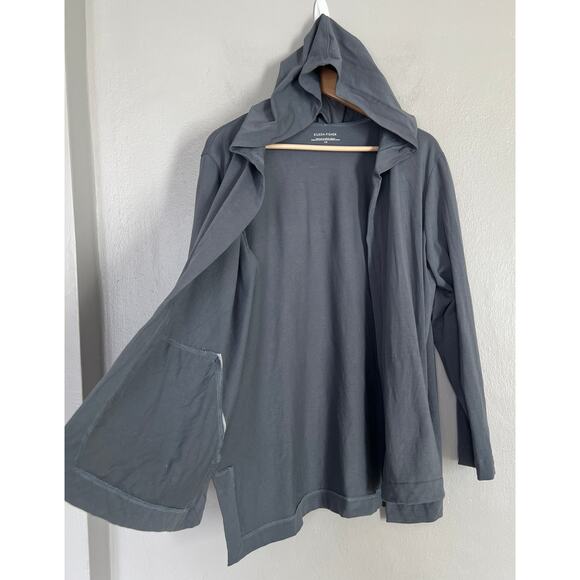 Eileen Fisher Hooded Cardigan Women Size L Organic Cotton Open Front Boho Blue - Picture 6 of 10